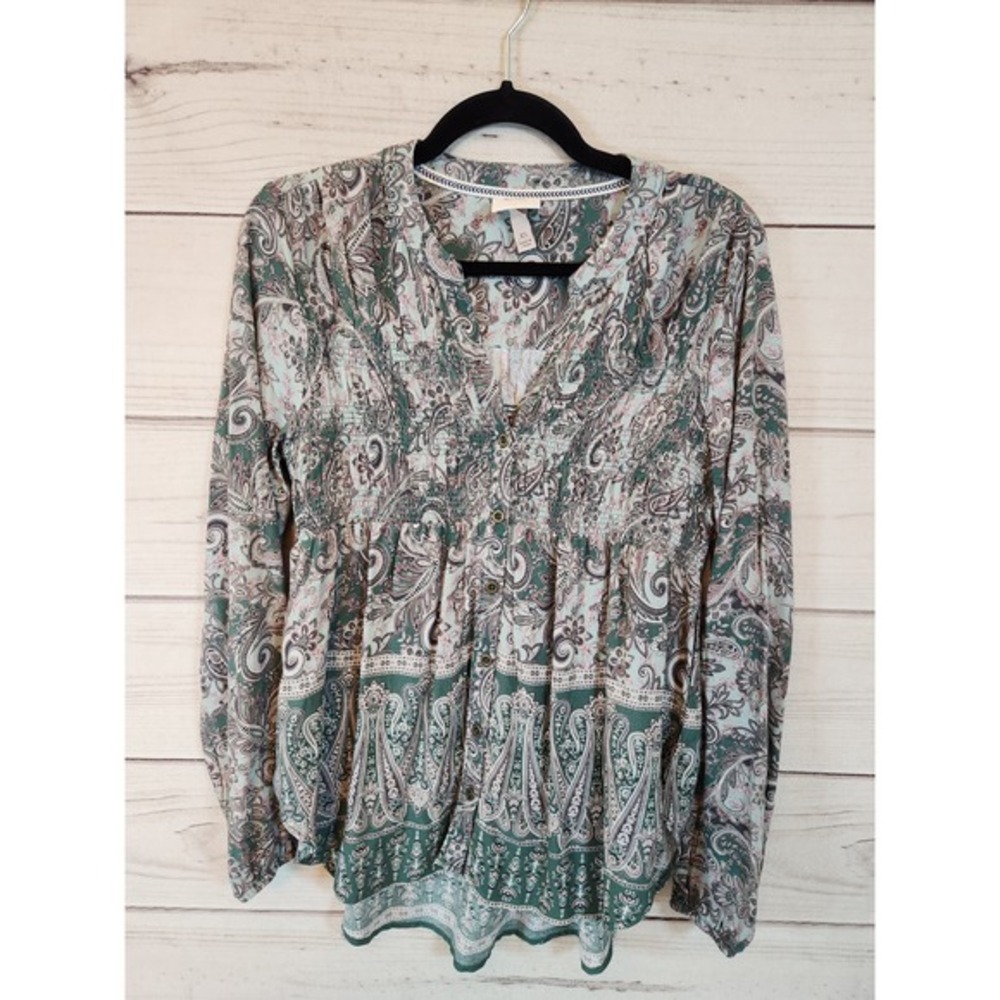 Knox Rose Women's Green Paisley Printed Long Sleeve Button Front Blouse Size XS